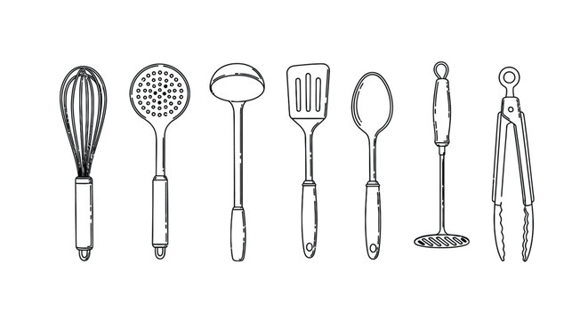 Set of kitchen utensils including a whisk, slotted spoon, ladle, spatula, solid spoon, masher, and tongs in line art style.