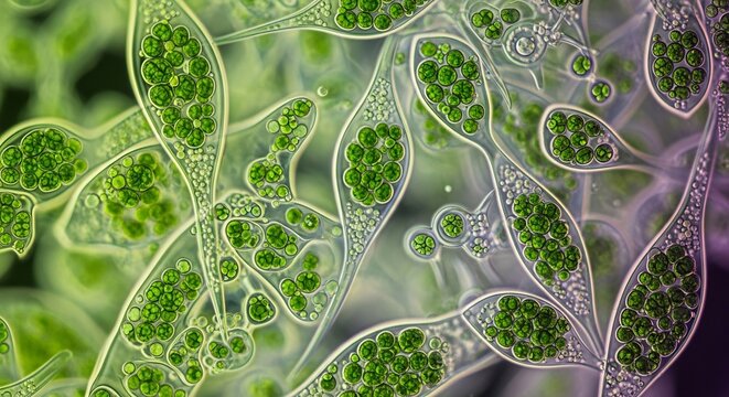 Microscopic View of Chlamydomonas Algae Cells with Vibrant Green Chloroplasts.
