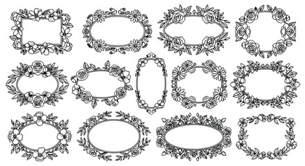 Group of decorative floral frames and borders with flowers and leaves in oval and rectangular shapes for elegant vintage design and embellishment. © bske