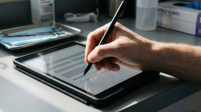 Digitally Signing a Document On Tablet Screen With Stylus Pen In Clinic Office Setting