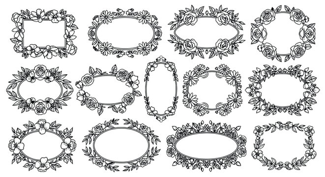 Group of decorative floral frames and borders with flowers and leaves in oval and rectangular shapes for elegant vintage design and embellishment.