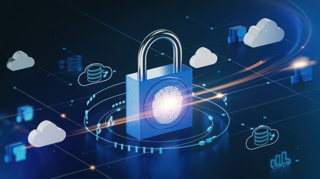 Secure cloud database with futuristic lock icon