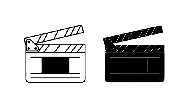 Minimal black silhouette icon, simple flat vector, bold black shape, no, no shading film clapper board icon set, cinema slate symbol, vector illustration on a, flat icon style