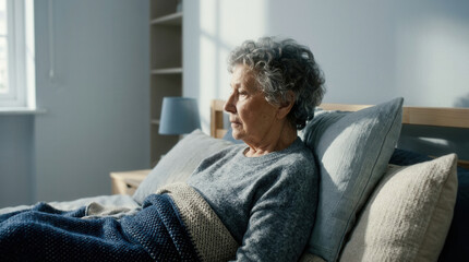 Fototapeta premium Elderly Woman Resting on Bed, Contemplating Thoughts, Serene Domestic Scene