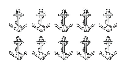 Set of ten vintage nautical anchors with rope elements isolated on white background for marine design or maritime travel projects and traditional decoration. © bske