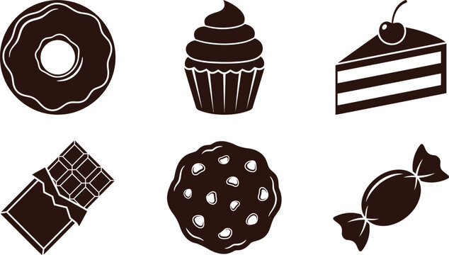 Collection of Chocolate Dessert Icons: Donut, Cupcake, Cake Slice, Candy, Cookie, and Chocolate Bar