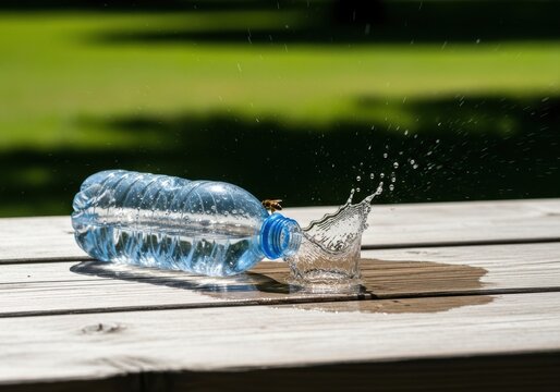 Bee resting on plastic water bottle on wooden table while water splashes into pool on the surface