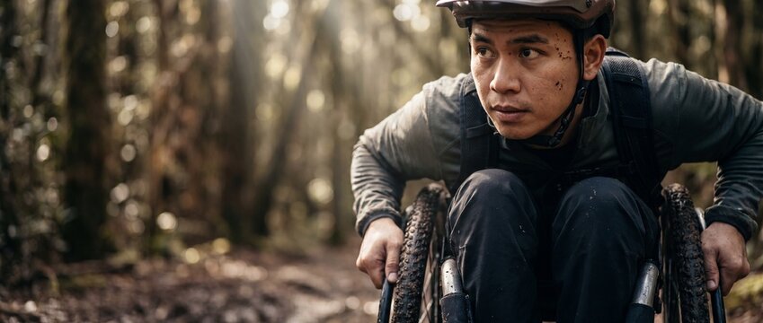 Wheelchair mountain biker disabled athlete riding on forest trail with determination. Adaptive sports extreme cycling on rugged offroad track representing accessibility, resilience, outdoor adventure.
