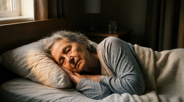 Elderly Woman Resting Peacefully In A Well-Lit Bedroom, Contemplative Quietude