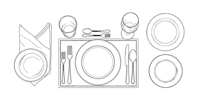 Place setting elements top view, dinner table layout, fork, knife, spoon, plate, glass, napkin, placemat vector art.