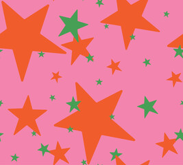 Obraz premium stars vector art seamless patterns, starry night wallpaper, purple background lilac universe Seamless orange star pattern on pink background. Cute celestial vector for kids, nursery designs, wrapping 