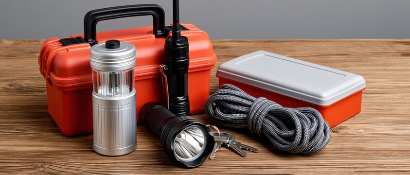An organized setup of various tools and supplies showcases functionality and practicality, highlighting essential items for outdoor and survival activities.