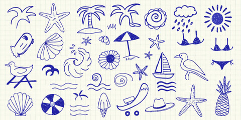 Beach themed Doodle Illustrations Blue Line Art On White Background © Bebdas