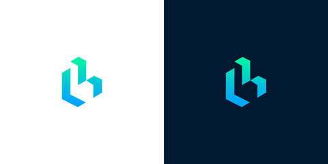 Modern geometric abstract logo design featuring a stylized letter B or H shape with a vibrant blue-green gradient, perfect for technology, business, or architectural branding © anello