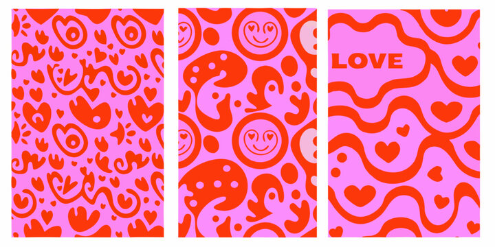 Psychedelic face and heart pattern panels in vibrant pink and red