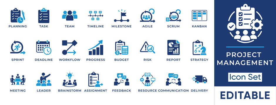 Project management and workflow solid icon set. Includes symbols for Agile, Kanban, Timeline, and Milestone. Vector icons for business presentations, corporate dashboards, and startup tools.