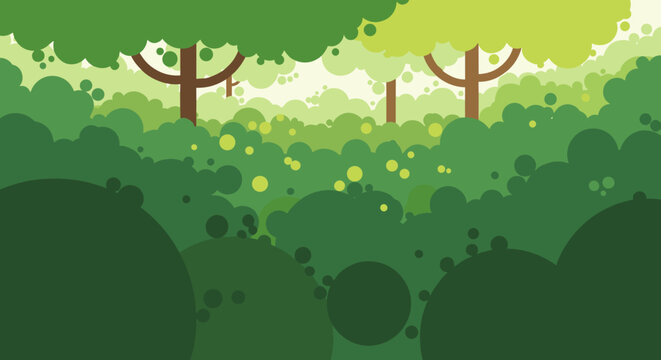 Abstract forest scene depicts round green tree canopies and floating dots of light in a whimsical and modern digital art style.