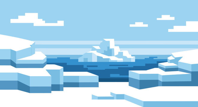 Frozen arctic landscape is shown in a blocky pixel art style featuring white icebergs floating in a deep blue ocean under clouds.