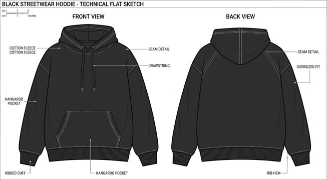 Black streetwear hoodie technical flat sketch vector illustration template with text pointers showing front and back view details for apparel design tech pack (23 words)