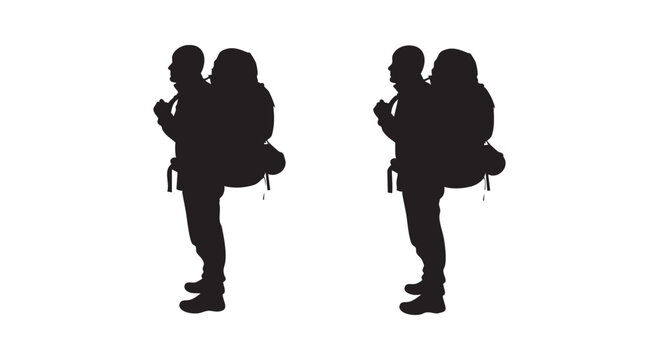 Hiker silhouette with heavy backpack standing side view for outdoor adventure and mountain trekking tourism recreation.
