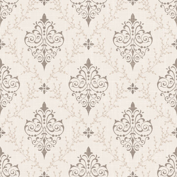 Damask modern seamless pattern element with linen texture. Vintage classical old fashioned damask ornament, seamless texture for wallpapers, textile.
