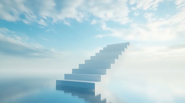 Stairway to heaven, surreal white stairs leading up into the blue sky above a calm reflective water surface