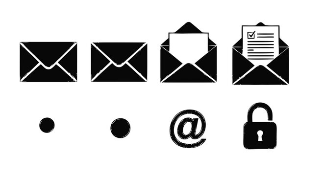 Vector illustration of set of email and communication icons including envelopes and security lock on a transparent background