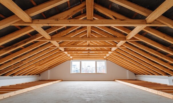 Wide view of a spacious unfinished attic featuring exposed timber roof framing and rafters, a concrete floor, and a large window