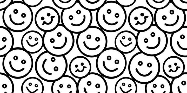 Seamless pattern of simple black line art smiley faces on a white background