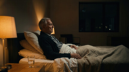 Fototapeta premium Elderly Man Reflecting In Bed At Night, Facing The Window, Contemplative Thought