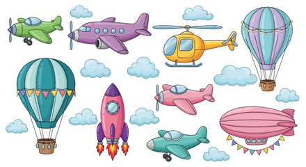 Colorful cartoon airplanes, hot air balloons and rocket, kids party background, transportation concept © Adam