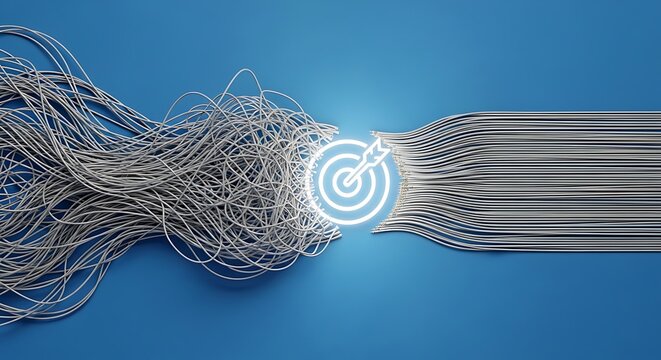Conceptual visualization of data organization showing a chaotic tangle of grey lines transforming into orderly parallel paths toward a target