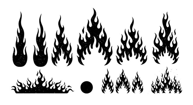 Black flame icons, fire symbols, burning fire graphics, web design elements