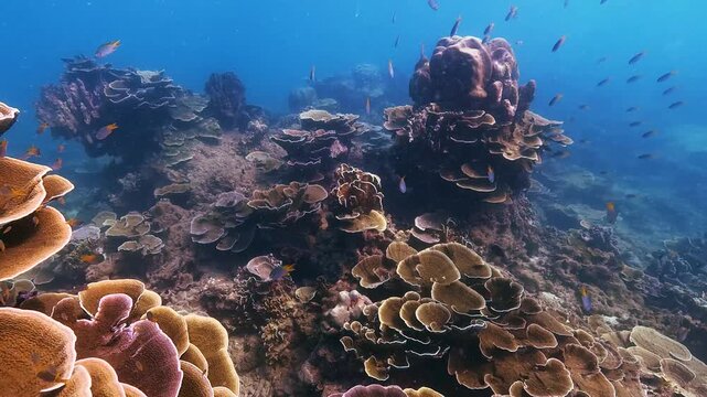 Observing diverse corals and small fish thriving in a pristine reef ecosystem. Clear blue water reveals beautiful marine life