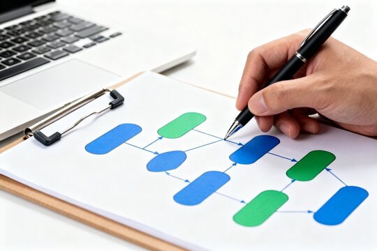 Business process flowchart on clipboard with hand drawing