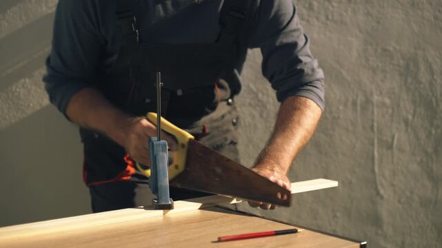 Close-up of unrecognizable male worker in uniform sawing wooden plank outdoors, focusing on manual construction work and precision carpentry on a sunny day.