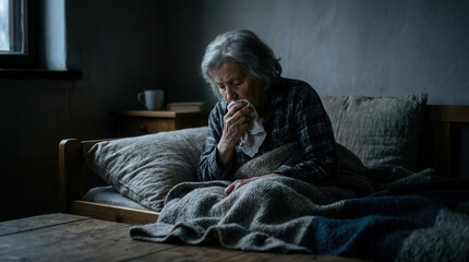 Obraz premium Elderly Woman Suffering From Illness, Resting In Bed, Feeling Emotional And Unwell