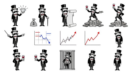 Obraz premium Cartoon businessman characters, financial graphs and charts, business concept, illustration