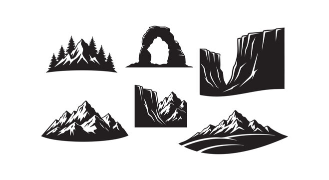 Mountain landscape silhouette set with pine tree forest and rock arch canyon valley peaks outdoor adventure nature design.