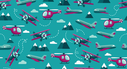 helicopters flying over mountains, teal background, travel concept, seamless pattern © Adam