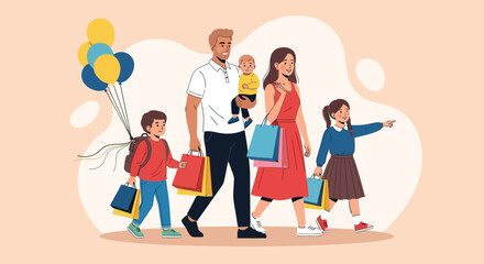 Fototapeta premium Family walking with shopping bags and balloons, happy shopping concept, family outing background