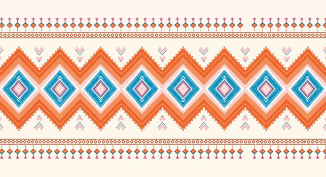 Vibrant orange and blue geometric pattern, decorative border design, abstract background