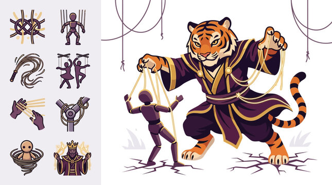 Anthropomorphic tiger character in purple robes acting as a master puppeteer controlling a mannequin with glowing strings, plus icons for knots, whips, and manipulation on white.
