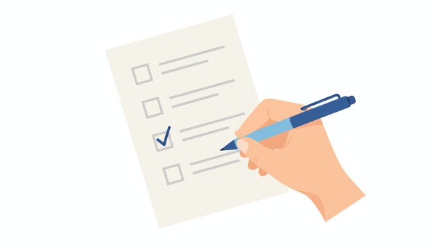 Hand holding pen checking boxes on paper form, checklist concept, business task