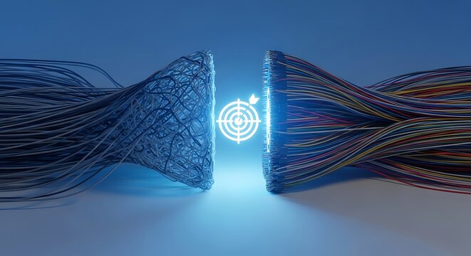 Digital neural network connection with a glowing target representing precision data transmission and artificial intelligence connectivity concept