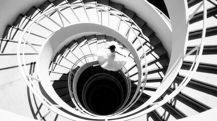 Fototapeta premium Elegant Bride Descending Spiral Staircase Aesthetic Black And White Photography