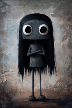 Stylized dark haired character with oversized eyes expressing individuality and quiet emotion in a surreal art style. Generative AI.