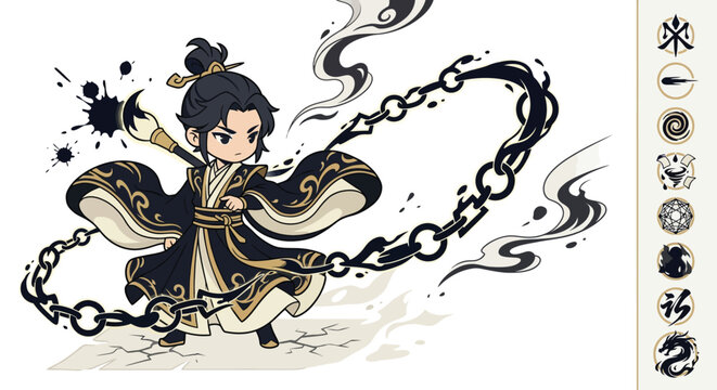 Flat vector illustration of a chibi-style male fantasy character in traditional black and gold Chinese Hanfu holding a giant calligraphy brush and manipulating a magical ink chain.