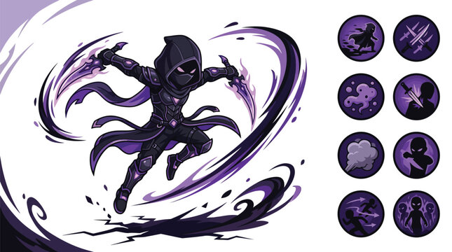 Vector illustration of a hooded fantasy rogue assassin character with purple energy effects and a collection of eight circular skill icons for RPG game interface and UI design.