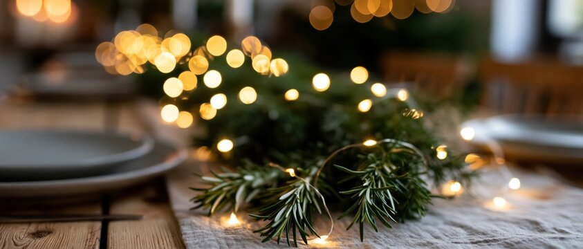 An inviting festive table adorned with decorative lights and greenery, creating a warm ambiance ideal for celebrations, gathering, and creating memorable moments during the holidays.